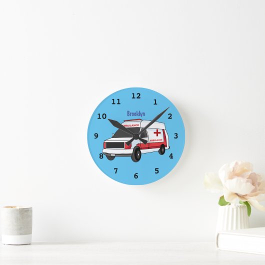 かわいい赤い救急車の漫画 ラウンド壁時計 (ホーム)