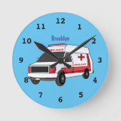 かわいい赤い救急車の漫画 ラウンド壁時計 (正面)