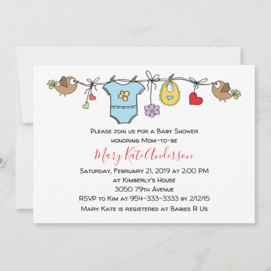 かわいい赤い服のライン男女兼用赤ちゃんシャワー 招待状 (正面)