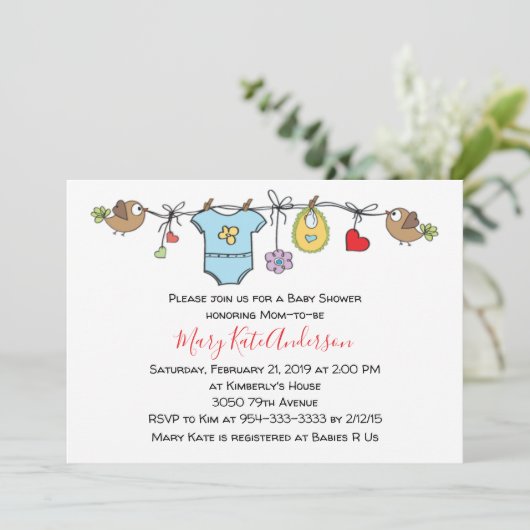 かわいい赤い服のライン男女兼用赤ちゃんシャワー 招待状 (スタンド正面)