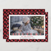 かわいい赤い格子柄の星雪写真 シーズンカード (正面/裏面)