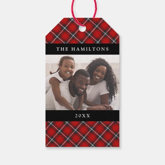 かわいい赤い格子模様クリスマスフォトギフトラベル ギフトタグ (裏面)
