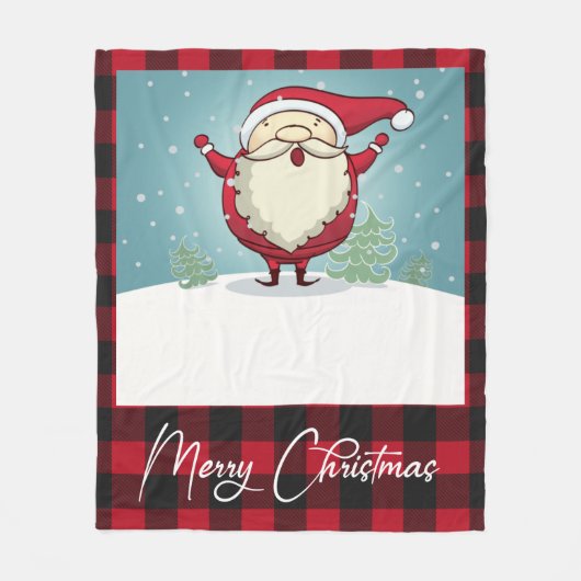 かわいい赤い格子模様メリークリスマスサンタクロースの休日 フリースブランケット (正面)