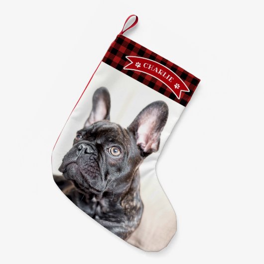 かわいい赤い格子状のフェスティバルカスタムフォトペットドッグ スモールクリスマスストッキング (正面 (吊り時))