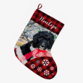 かわいい赤い格子状カスタムの犬の名前 ラージクリスマスストッキング (正面 (吊り時))