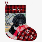 かわいい赤い格子状カスタムの犬の名前 ラージクリスマスストッキング (正面)