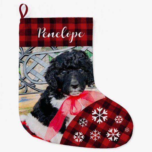 かわいい赤い格子状カスタムの犬の名前 ラージクリスマスストッキング (正面)
