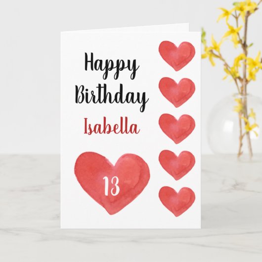 かわいい赤い水彩ハートの13歳の誕生日 カード (黄色い花)