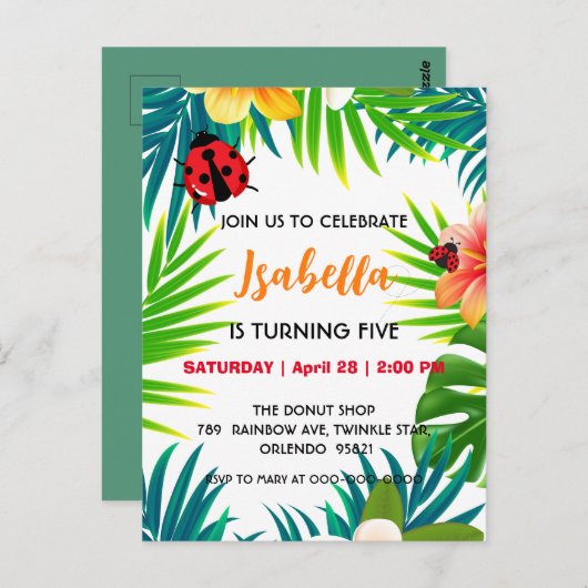 かわいい赤い水玉模様のてんとう虫の夏のジャングル誕生日 ポストカード (正面/裏面)