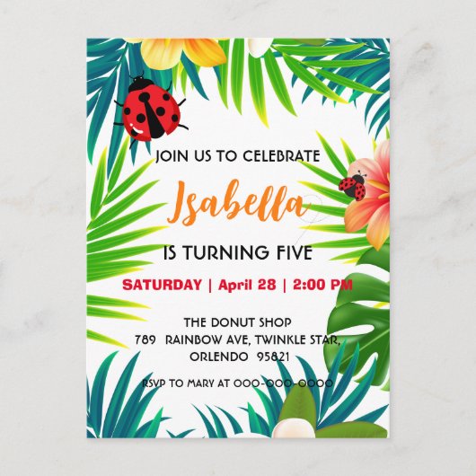 かわいい赤い水玉模様のてんとう虫の夏のジャングル誕生日 ポストカード (正面)