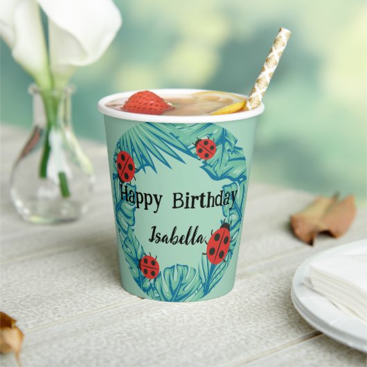 かわいい赤い水玉模様ラディバグジャングルリーフ誕生日 紙コップ (インサイチュ)
