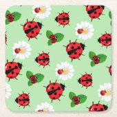 かわいい赤い水玉模様ラディバグデイジー花の夏 スクエアペーパーコースター (正面)