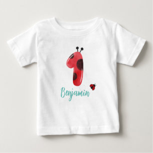 かわいい赤い水玉模様ラディバグ1st誕生日パーティー名 ベビーTシャツ