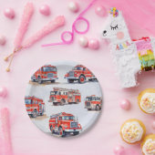 かわいい赤い水色の消防車エンジン ペーパープレート (パーティー)