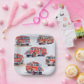 かわいい赤い水色の消防車エンジン ペーパープレート (パーティー)