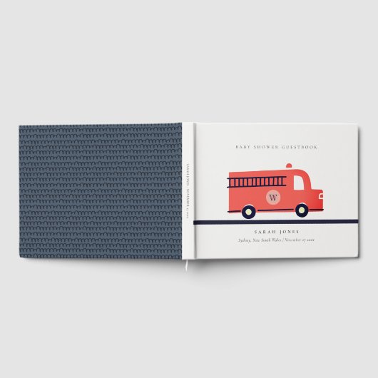かわいい赤い海軍の消防車エンジン赤ちゃんシャワー ゲストブック (全面)