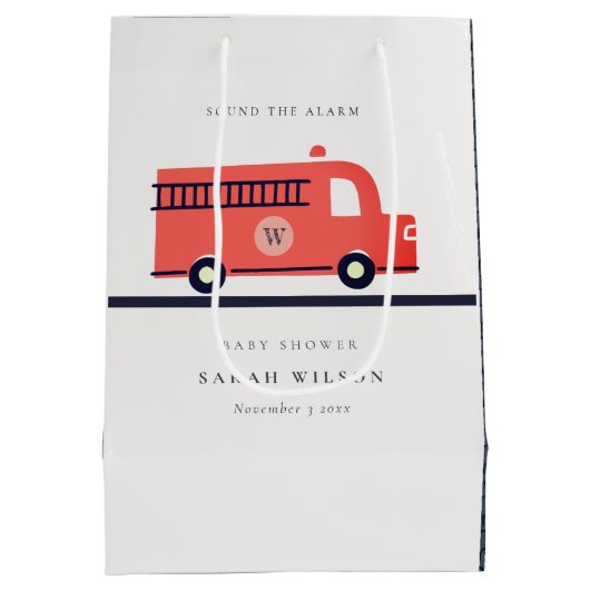 かわいい赤い海軍の消防車エンジン赤ちゃんシャワー ミディアムペーパーバッグ (裏面)