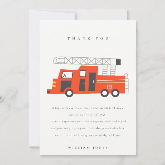 かわいい赤い消防車のエンジン 子供向け 誕生日 すべての年齢 サンキューカード (正面)