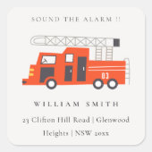 かわいい赤い消防車エンジンの子供の誕生日アドレス スクエアシール (正面)