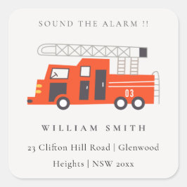 かわいい赤い消防車エンジンの子供の誕生日アドレス スクエアシール