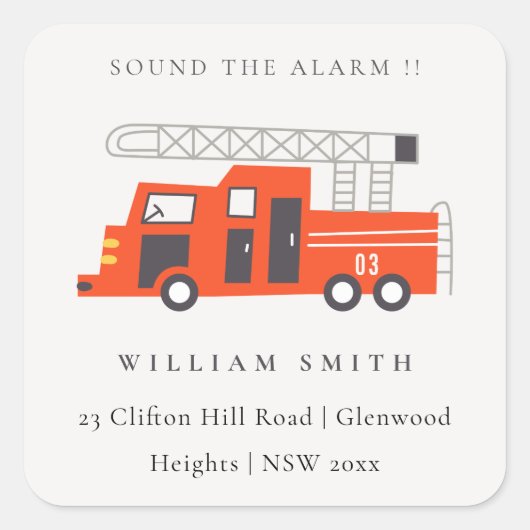 かわいい赤い消防車エンジンの子供の誕生日アドレス スクエアシール (正面)