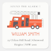 かわいい赤い消防車エンジンの子供の誕生日アドレス スクエアシール (正面)