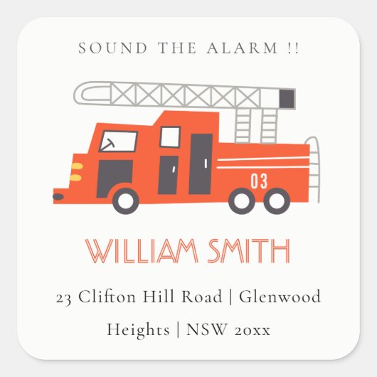かわいい赤い消防車エンジンの子供の誕生日アドレス スクエアシール (正面)