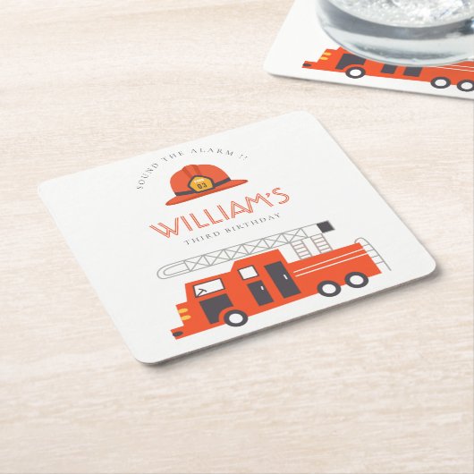 かわいい赤い消防車エンジンキッズ任意の年齢誕生日 スクエアペーパーコースター (アングル)