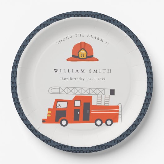 かわいい赤い消防車エンジンキッズ任意の年齢誕生日 ペーパープレート (正面)