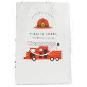 かわいい赤い消防車エンジンキッズ任意の年齢誕生日 ミディアムペーパーバッグ (正面)