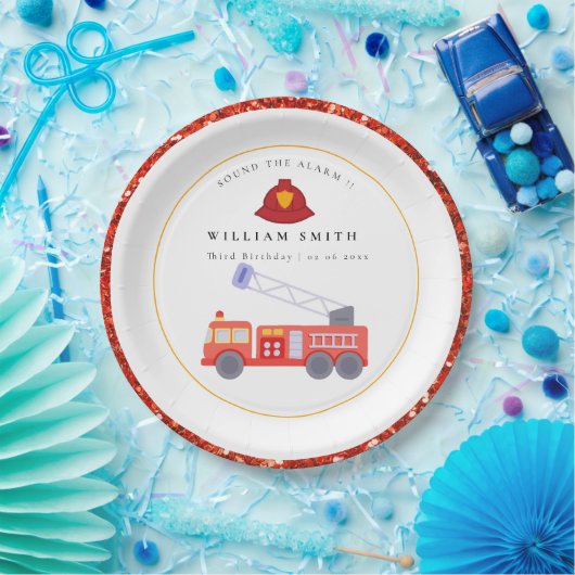 かわいい赤い消防車エンジンキッズ任意の年齢誕生日Pa ペーパープレート (パーティー)