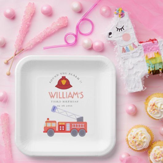 かわいい赤い消防車エンジンキッズ任意の年齢誕生日Pa ペーパープレート (パーティー)
