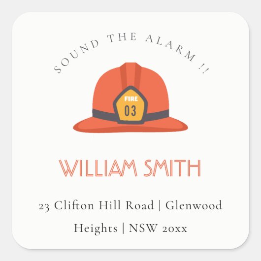 かわいい赤い消防車エンジンハットキッド誕生日アドレス スクエアシール (正面)