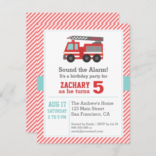 かわいい赤い消防車誕生日パーティーの招待 招待状 (正面/裏面)