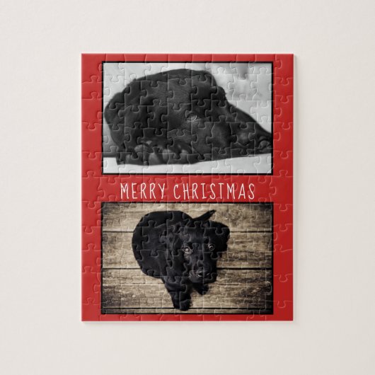 かわいい赤い犬の子犬2写真コラージクリスマス ジグソーパズル (縦)