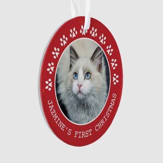 かわいい赤い猫の手の跡 – フレームクリスマス オーナメント (正面)