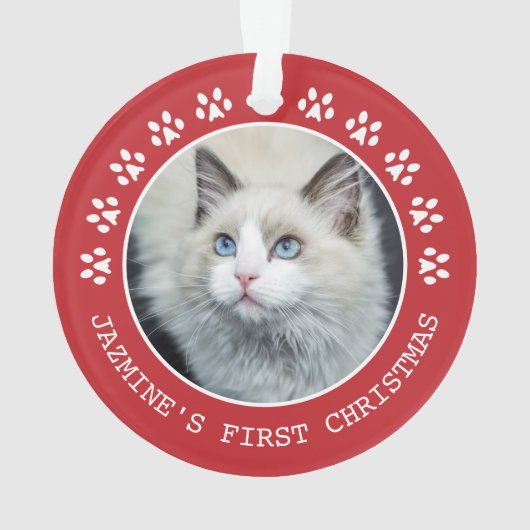 かわいい赤い猫の手の跡 – フレームクリスマス オーナメント (裏面)