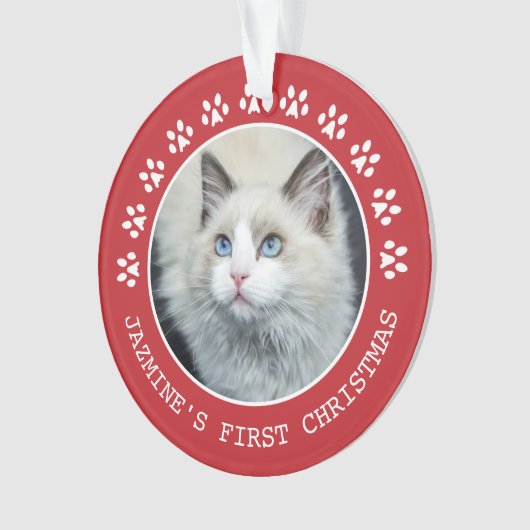 かわいい赤い猫の手の跡 – フレームクリスマス オーナメント (正面)