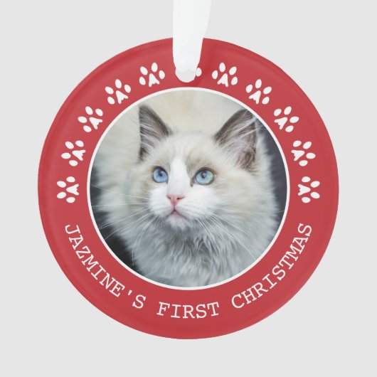 かわいい赤い猫の手の跡 – フレームクリスマス オーナメント (正面)