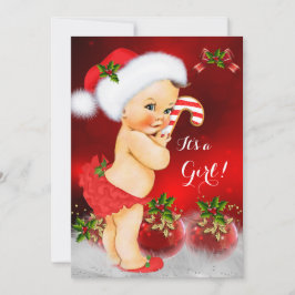 かわいい赤い白いクリスマスベビーシャワーガールブルネット 招待状