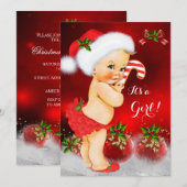 かわいい赤い白いクリスマスベビーシャワーガールブロンド 招待状 (正面/裏面)