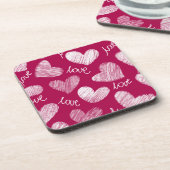 かわいい赤い白い落書きハートとラブスクリプト コースター (左側)