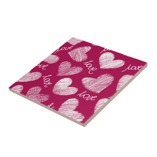 かわいい赤い白い落書きハートとラブスクリプト タイル (側面)