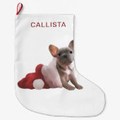 かわいい赤い白のブルドッグフランスのサンタハットクリスマス ラージクリスマスストッキング (正面)