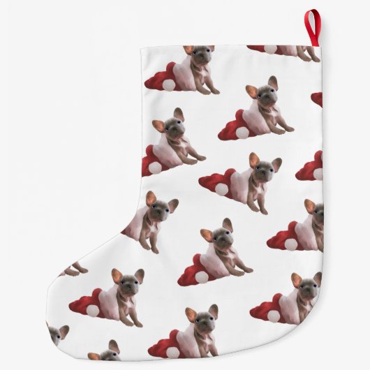 かわいい赤い白のブルドッグフランスのサンタハットクリスマス ラージクリスマスストッキング (裏面)