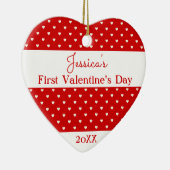 かわいい赤い白の水玉模様ハートバレンタインフォト セラミックオーナメント (右)