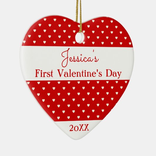 かわいい赤い白の水玉模様ハートバレンタインフォト セラミックオーナメント (右)