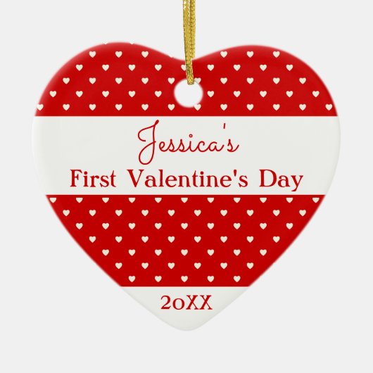 かわいい赤い白の水玉模様ハートバレンタインフォト セラミックオーナメント (正面)