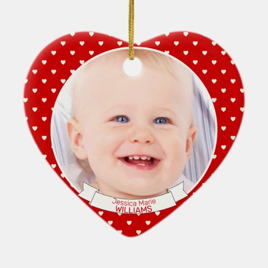 かわいい赤い白の水玉模様ハートバレンタインフォト セラミックオーナメント (裏面)