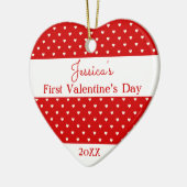 かわいい赤い白の水玉模様ハートバレンタインフォト セラミックオーナメント (左)